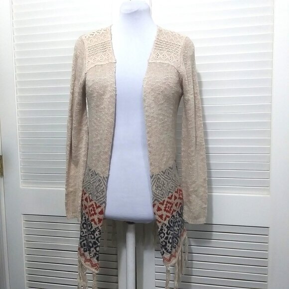 Jolt Cardigan Sweater Boho Fringe Lace Detail Open Front Womens Medium - Picture 1 of 10
